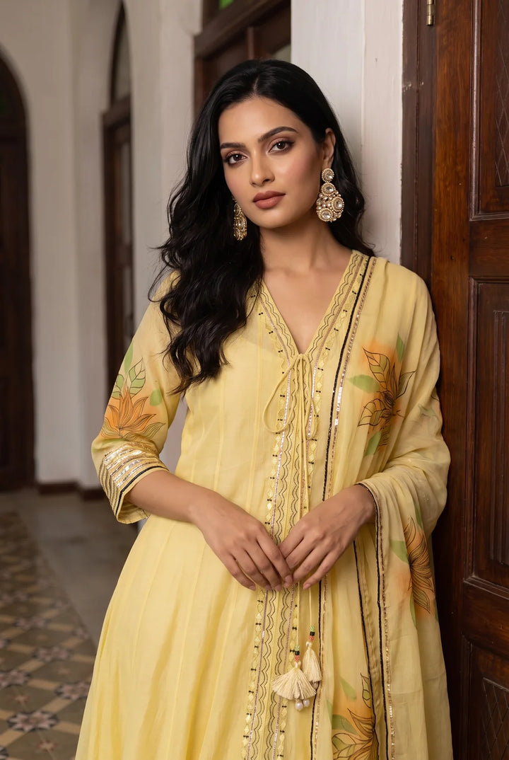 Zoa Mul Chanderi Anarkali Set in Cool Yellow