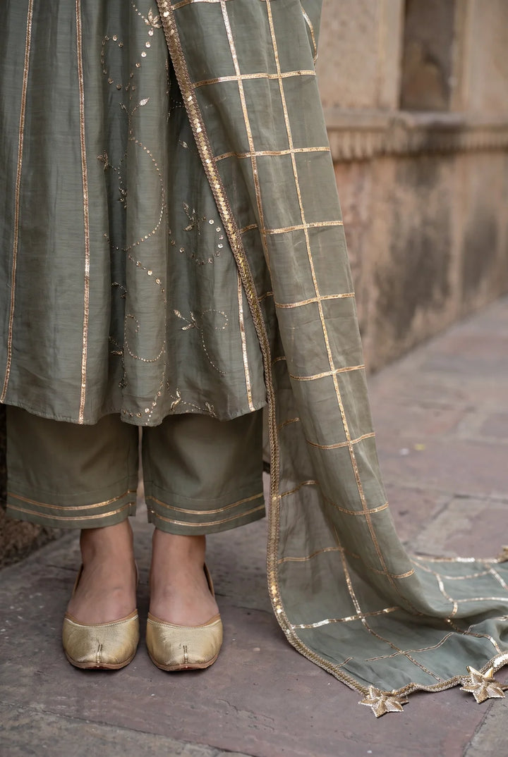 Raha Mul Chanderi Mukaish Anarkali Set in Moss Green