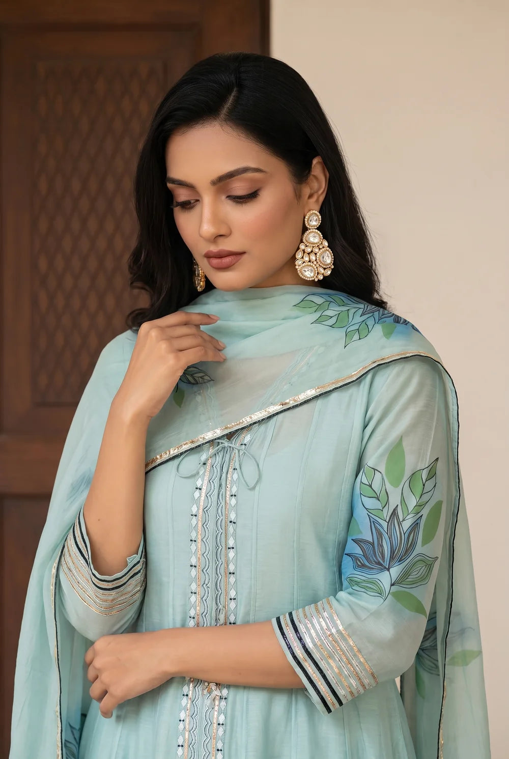 Zoa Mul Chanderi Anarkali Set in Aqua Blue