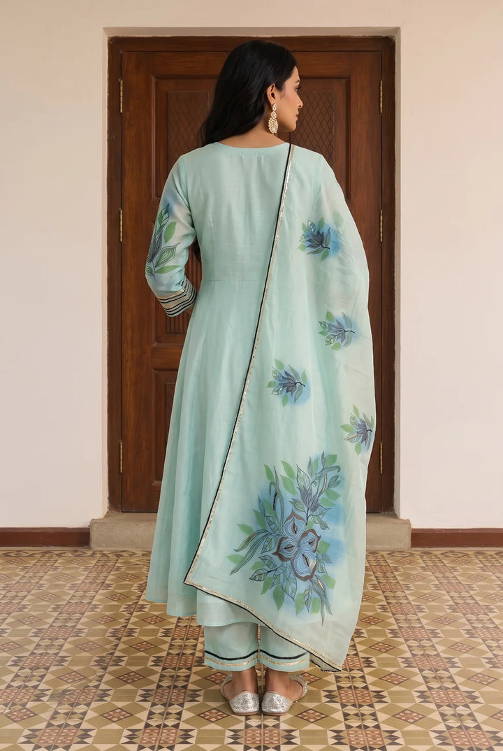 Zoa Mul Chanderi Anarkali Set in Aqua Blue