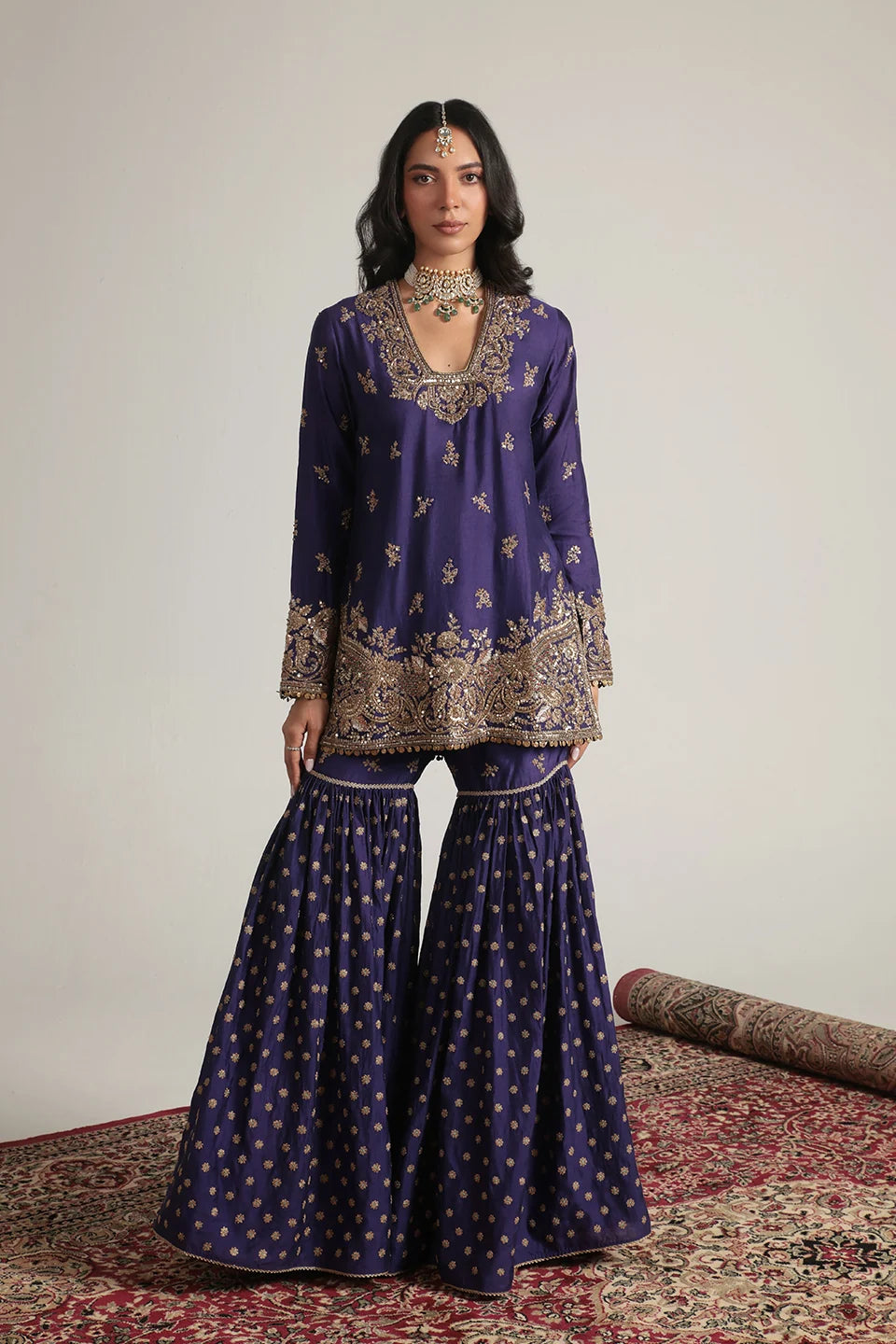 Zar-Rang Purple Buti Sharara Set