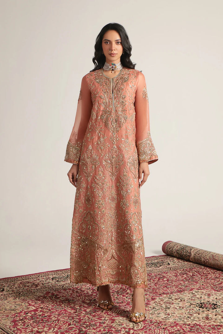 Zar-Rang Peach Heavy Jaal Kaftan Set