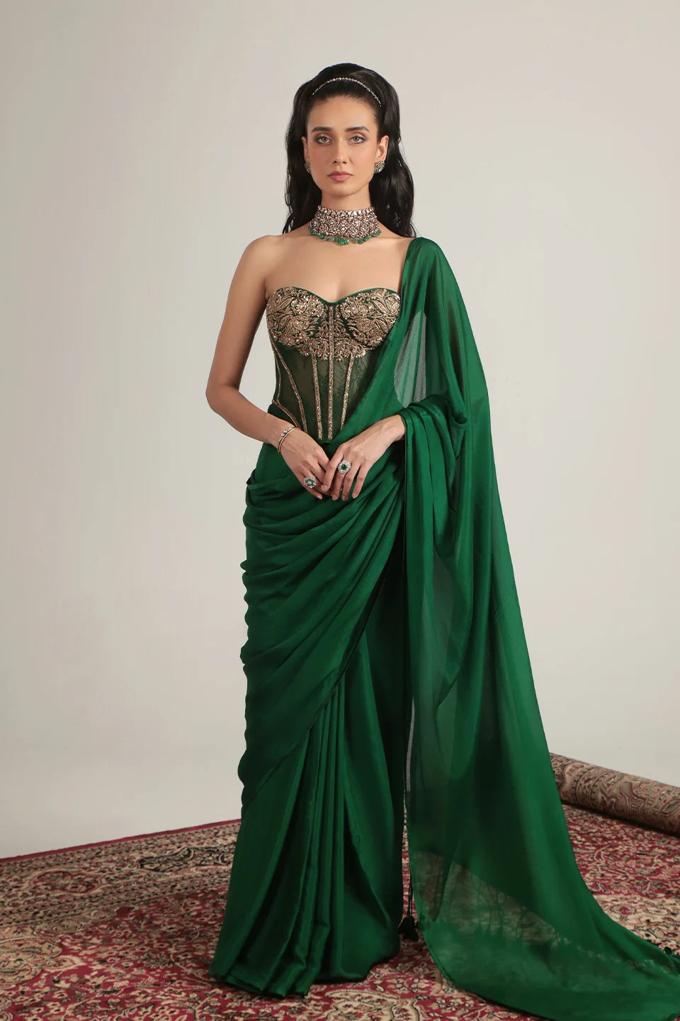 Zar-Rang Green Zardosi Corset Saree Set