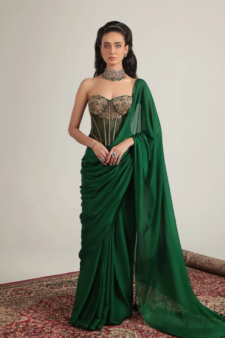 Zar-Rang Green Zardosi Corset Saree Set