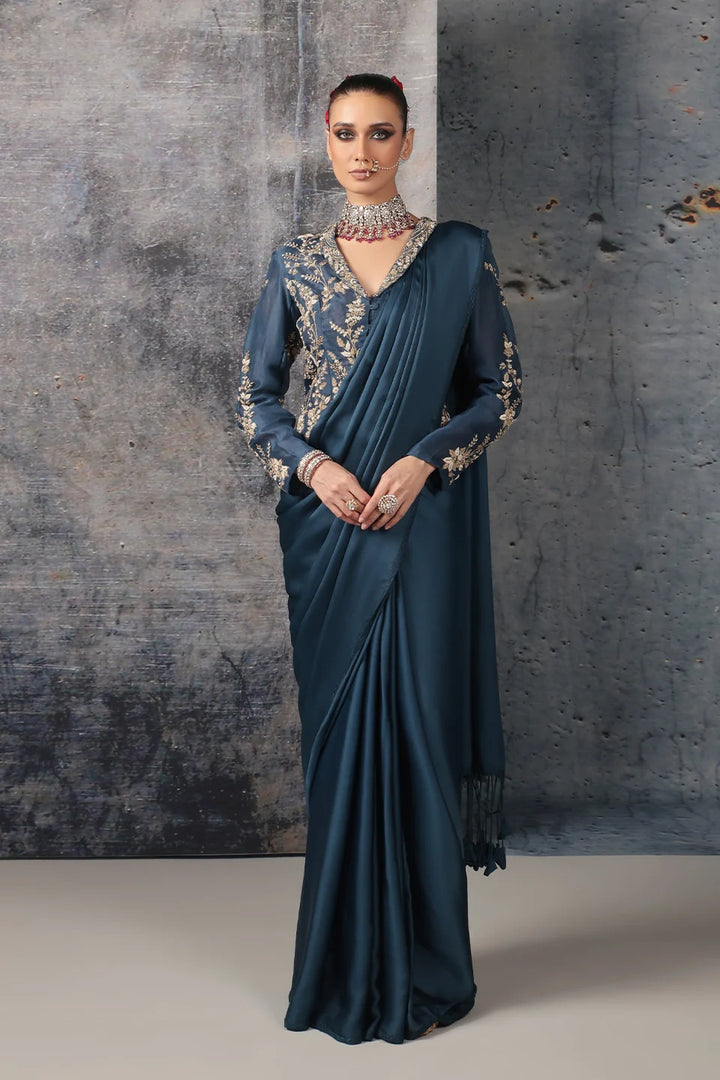 Zar-Rang Blue Jacket Saree Set