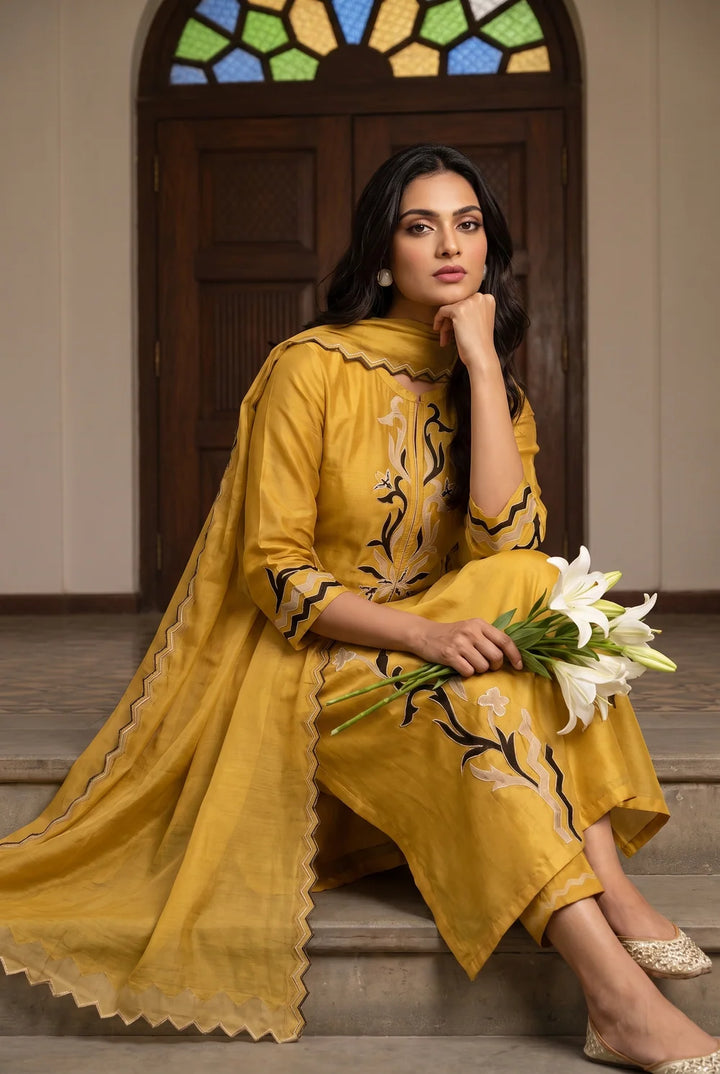 Surkhi Mul Chanderi Kurta Set in Maize Yellow