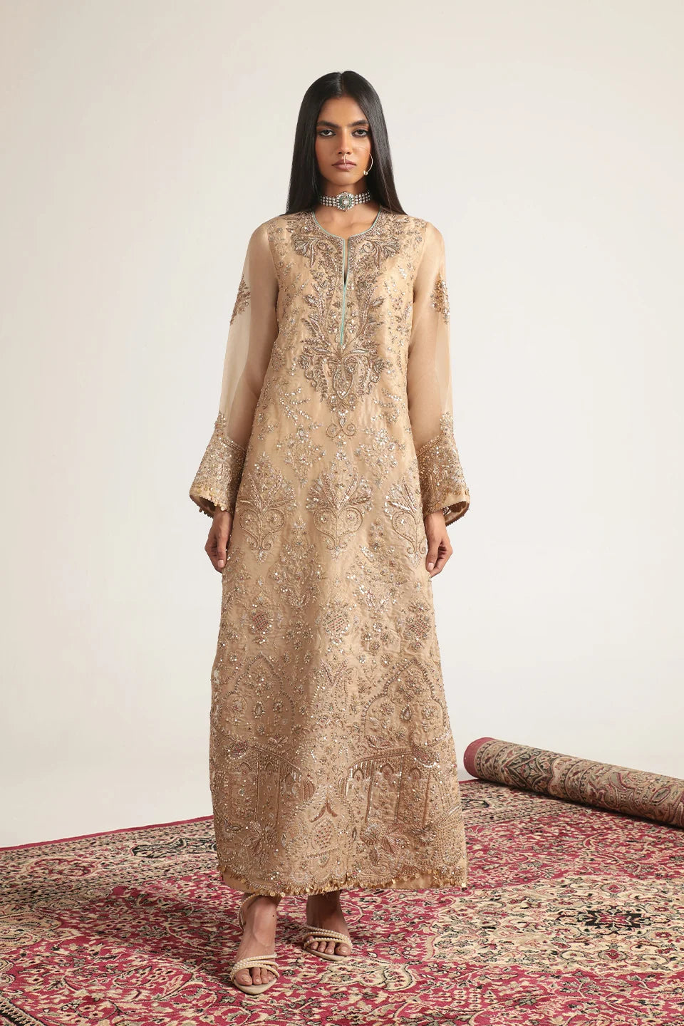 Zar-Rang Ivory Heavy Jaal Kaftan Set
