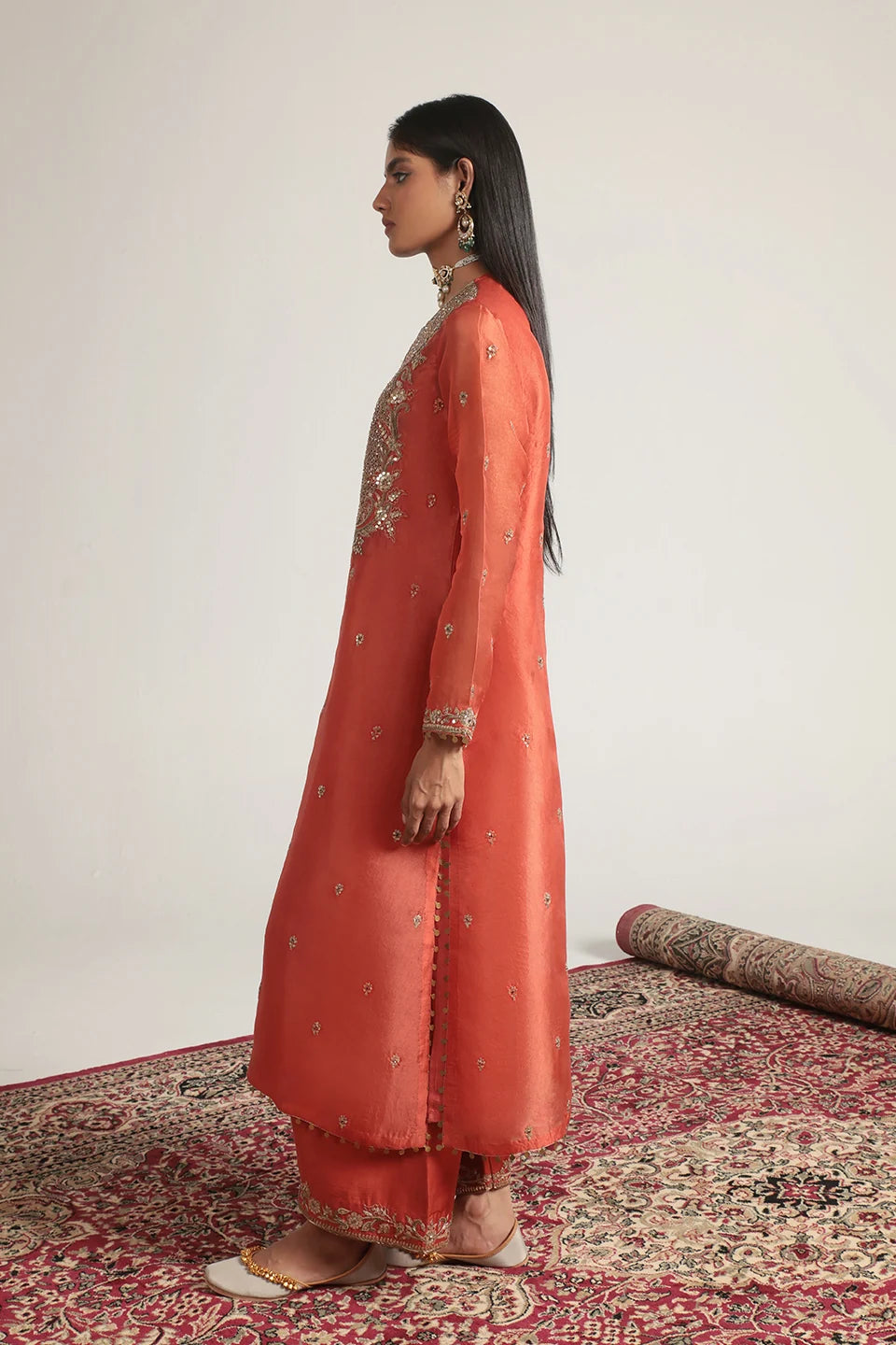 Zar-Rang Orange Long Kurta Set