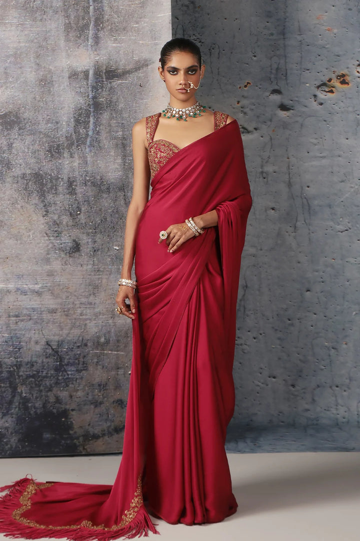 Zar-Rang Maroon Heavy Fringe Saree Set