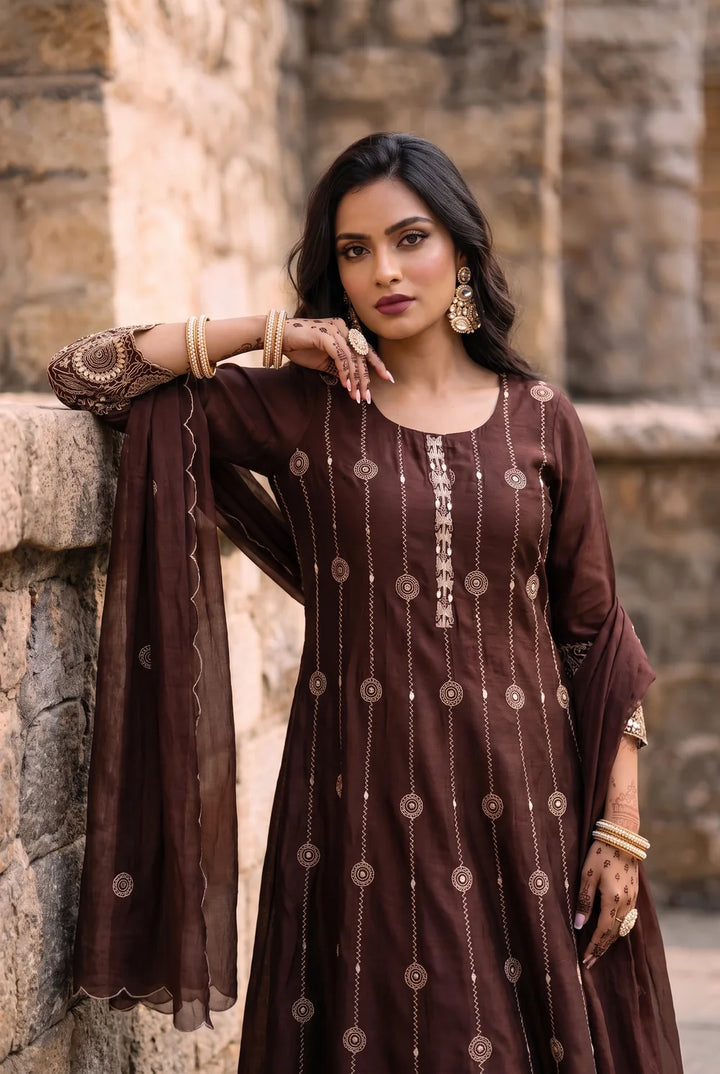 Deewani Silk Chanderi Anarkali Set in Coffee Brown
