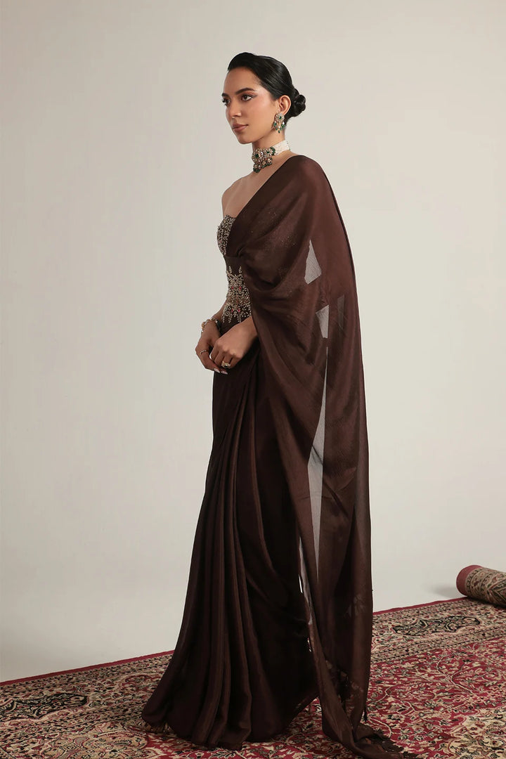 Zar-Rang Brown Double Corset Saree Set