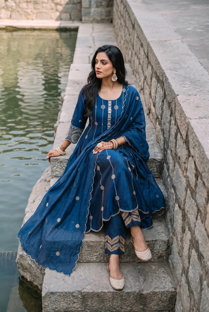 Deewani Silk Chanderi Anarkali Set in Cobalt Blue