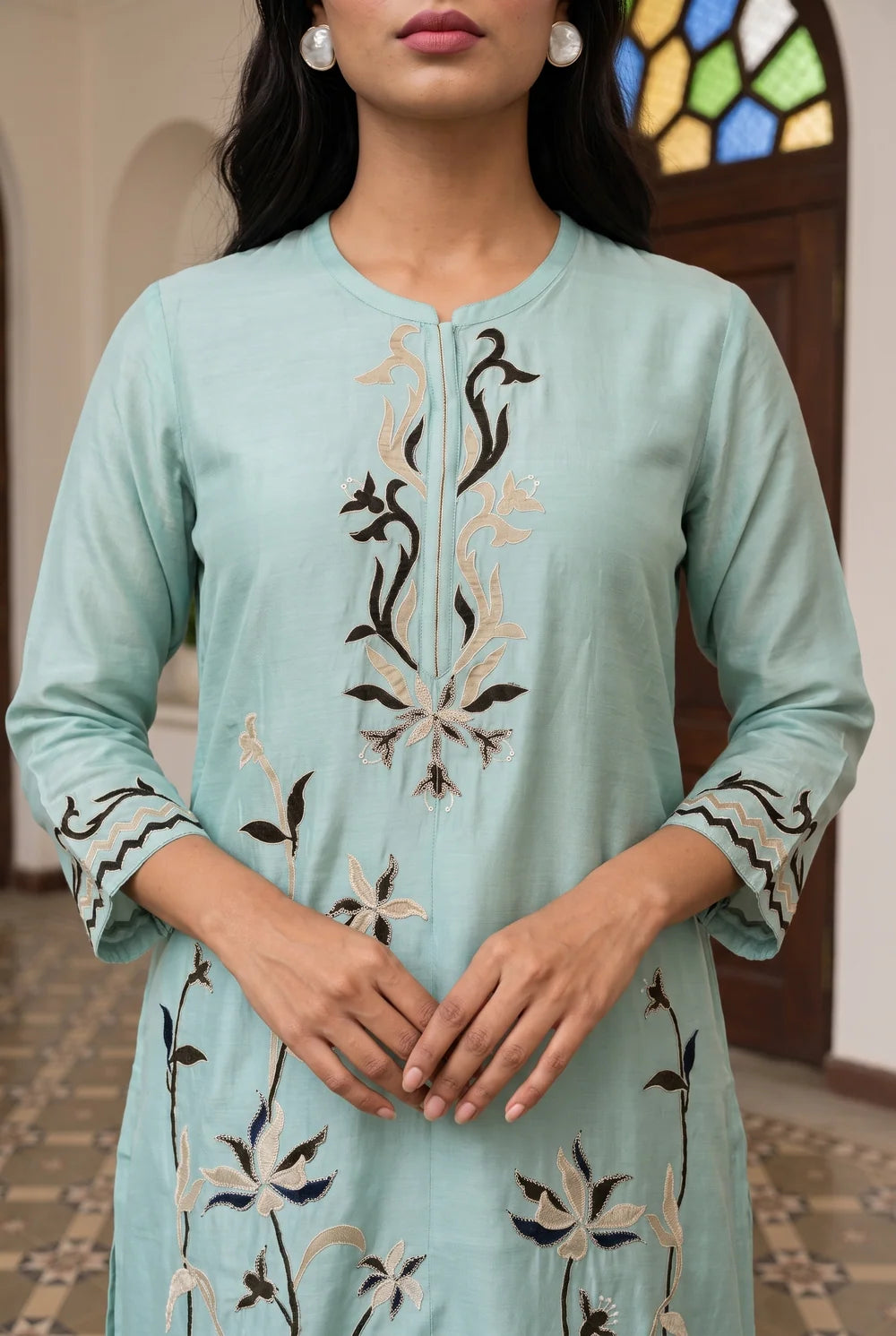 Surkhi Mul Chanderi Kurta Set in Blue Green