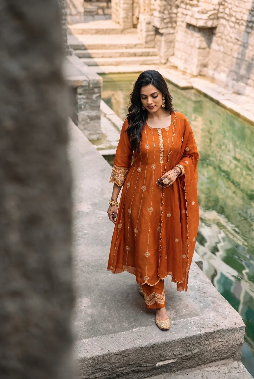 Deewani Silk Chanderi Anarkali Set in Burnt Orange