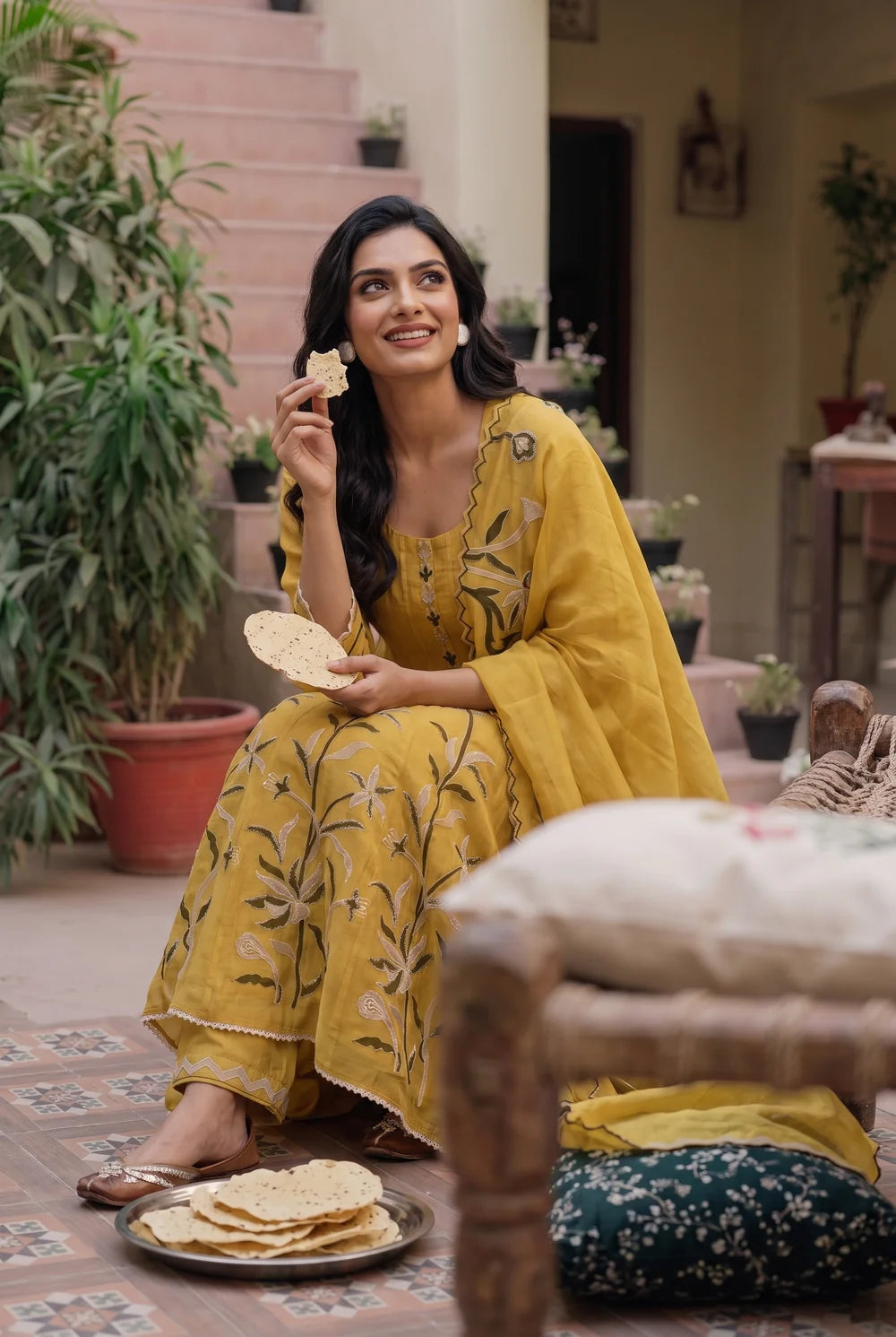 Surkhi Mul Chanderi Anarkali Set in Maize Yellow