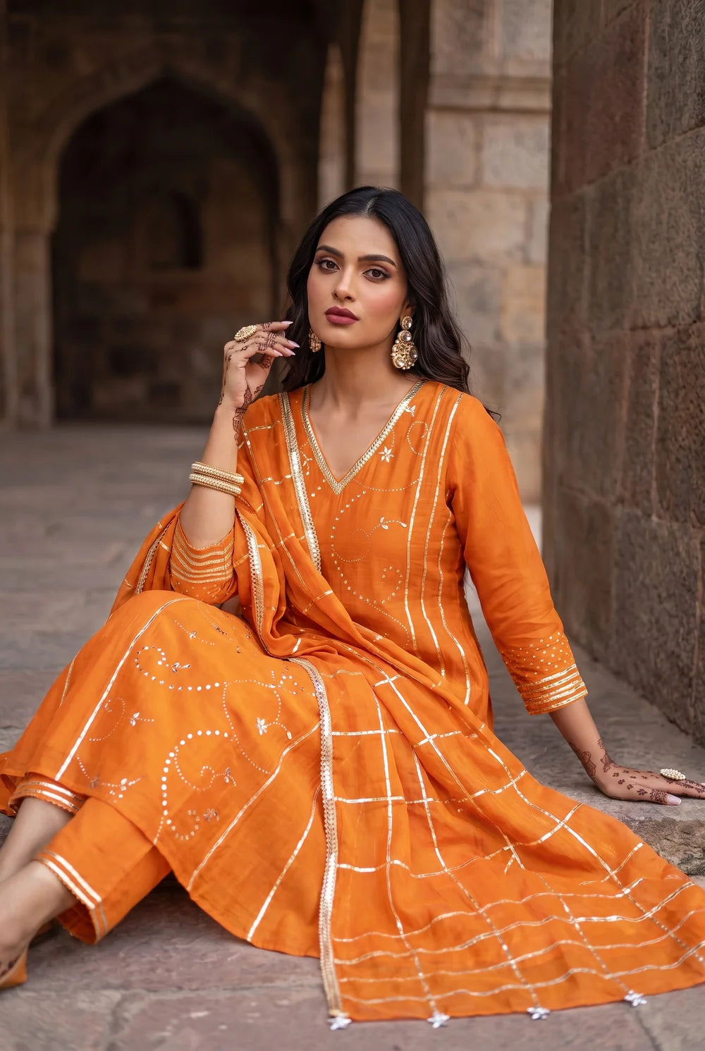Raha Mul Chanderi Mukaish Anarkali Set in Orange