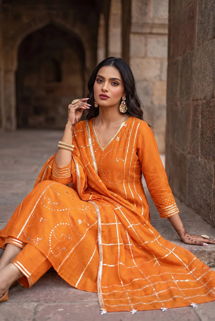 Raha Mul Chanderi Mukaish Anarkali Set in Orange