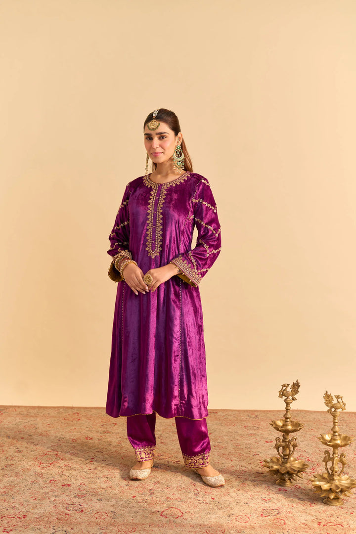 Azmiya - velvet Deep Purple Chauga with Salwar