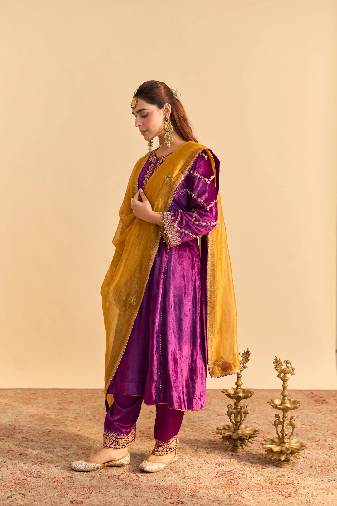 Azmiya - velvet Deep Purple Chauga with Salwar
