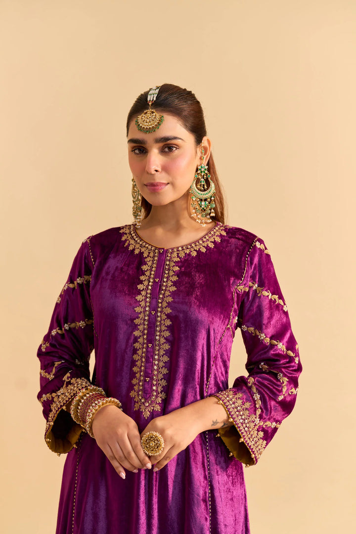 Azmiya - velvet Deep Purple Chauga with Salwar
