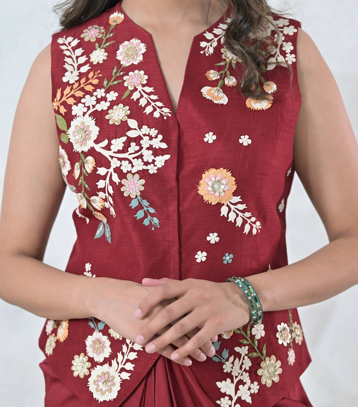 Phool-Patti Vest Coat With Pleated Skirt Set