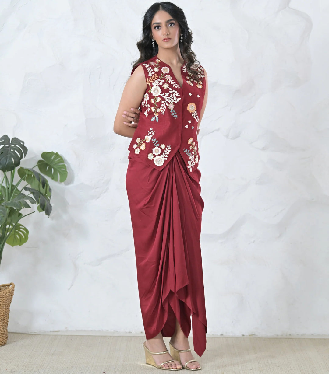 Phool-Patti Vest Coat With Pleated Skirt Set