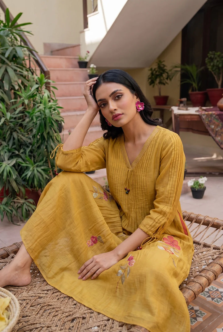 Rumi Mul Chanderi Tunic Set in Mustard Yellow