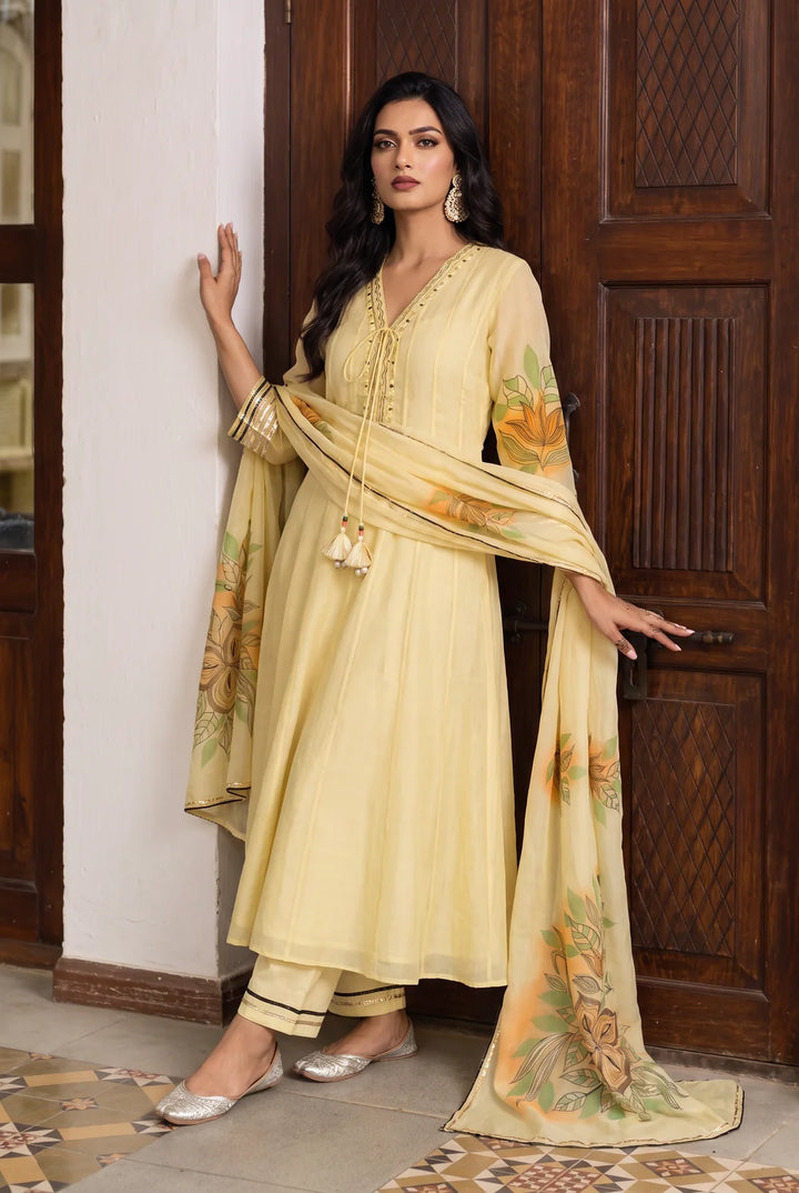 Zoa Mul Chanderi Anarkali Set in Cool Yellow