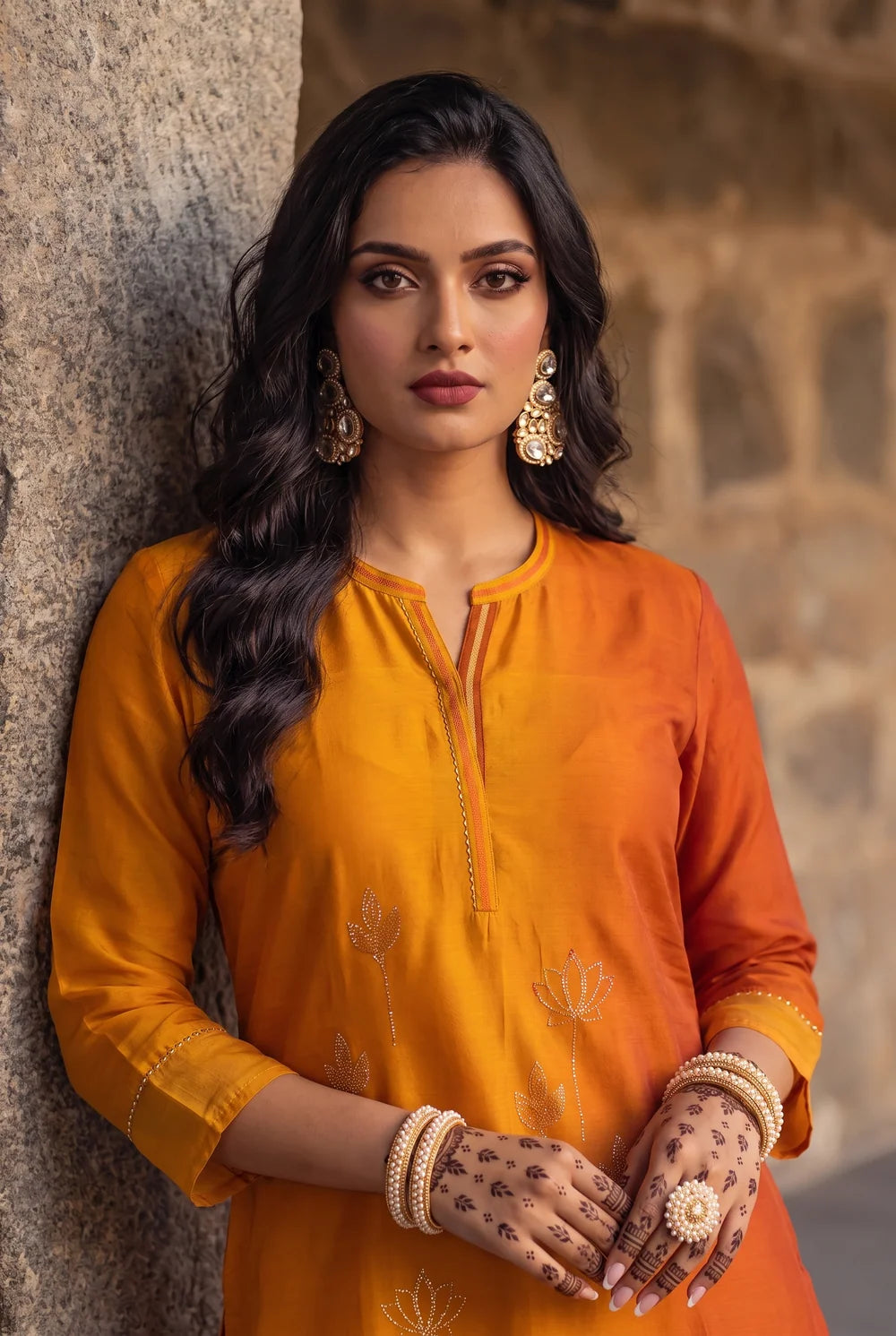 Shvi Silk Chadneri Shaded Kurta Set in Mango