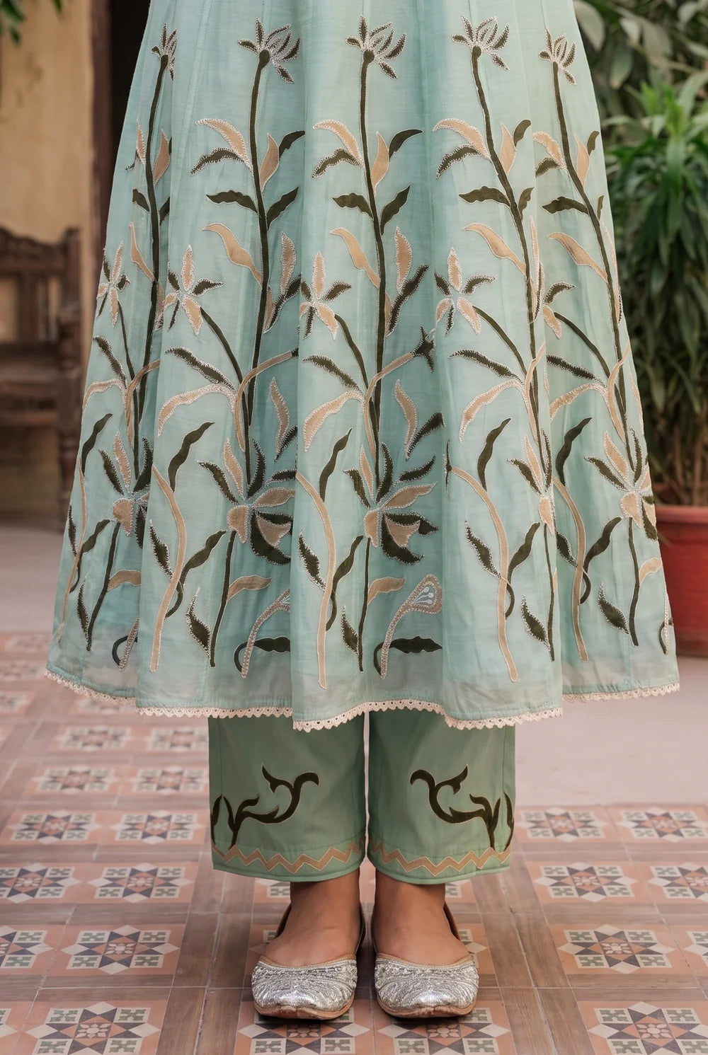 Surkhi Mul Chanderi Anarkali Set in Blue Green
