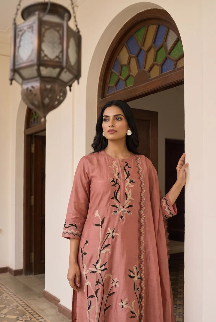 Surkhi Mul Chanderi Kurta Set in Pink Sherbert