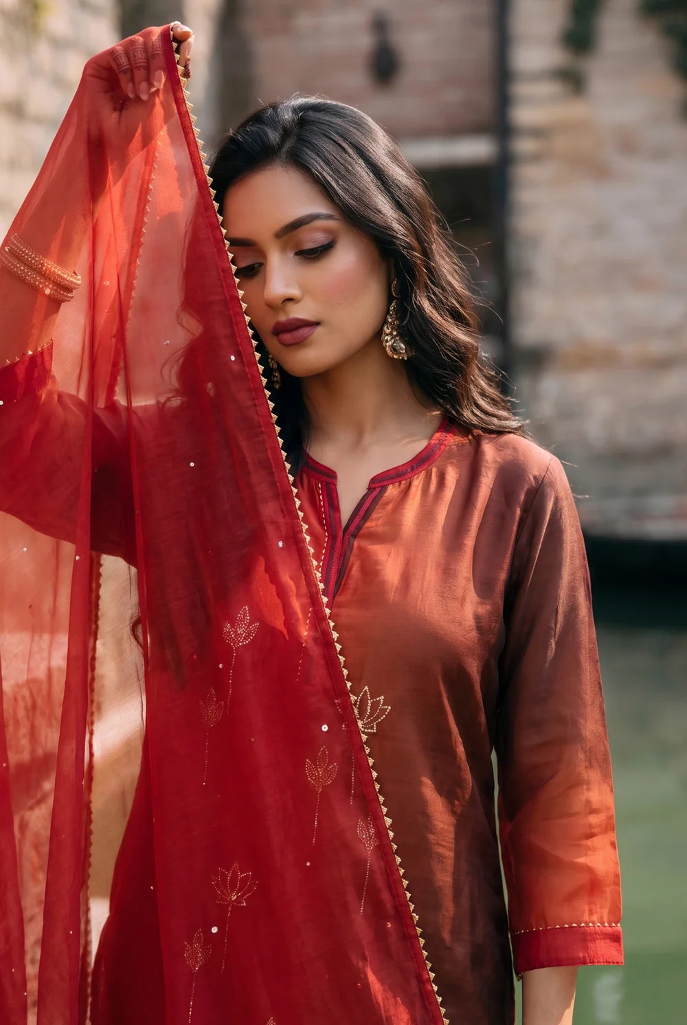 Shvi Silk Chadneri Shaded Kurta Set in Cola Red