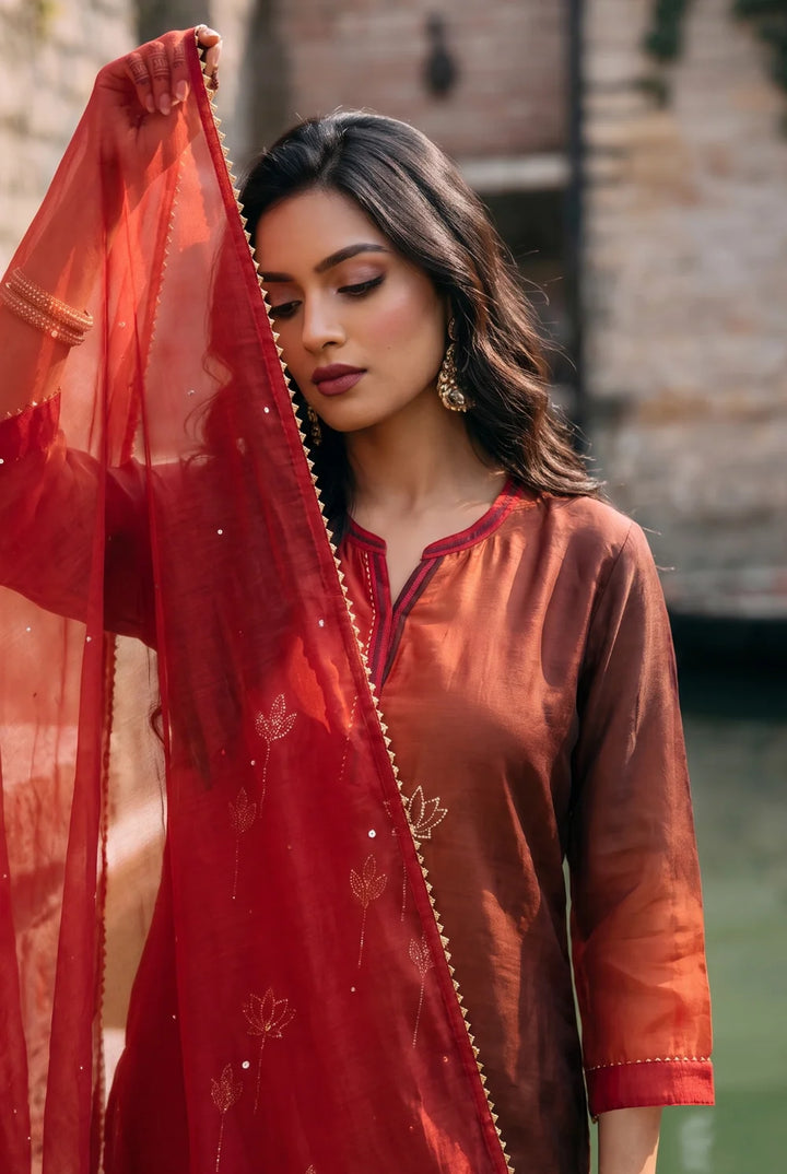 Shvi Silk Chadneri Shaded Kurta Set in Cola Red