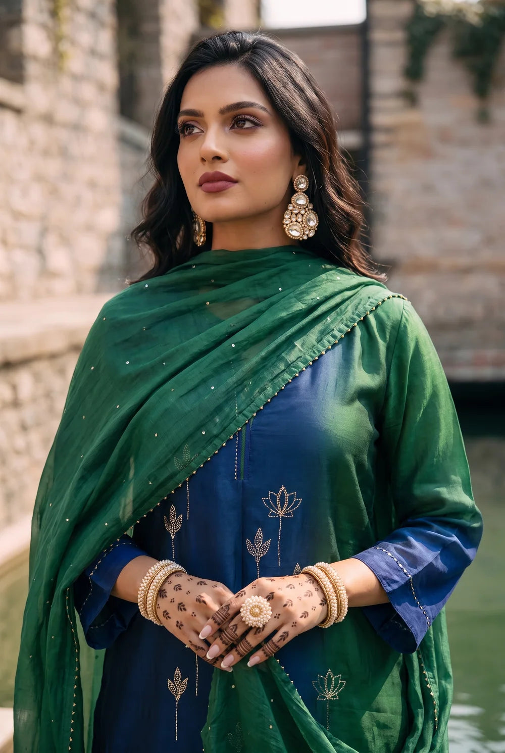 Shvi Silk Chadneri Shaded Kurta Set in Blue Green