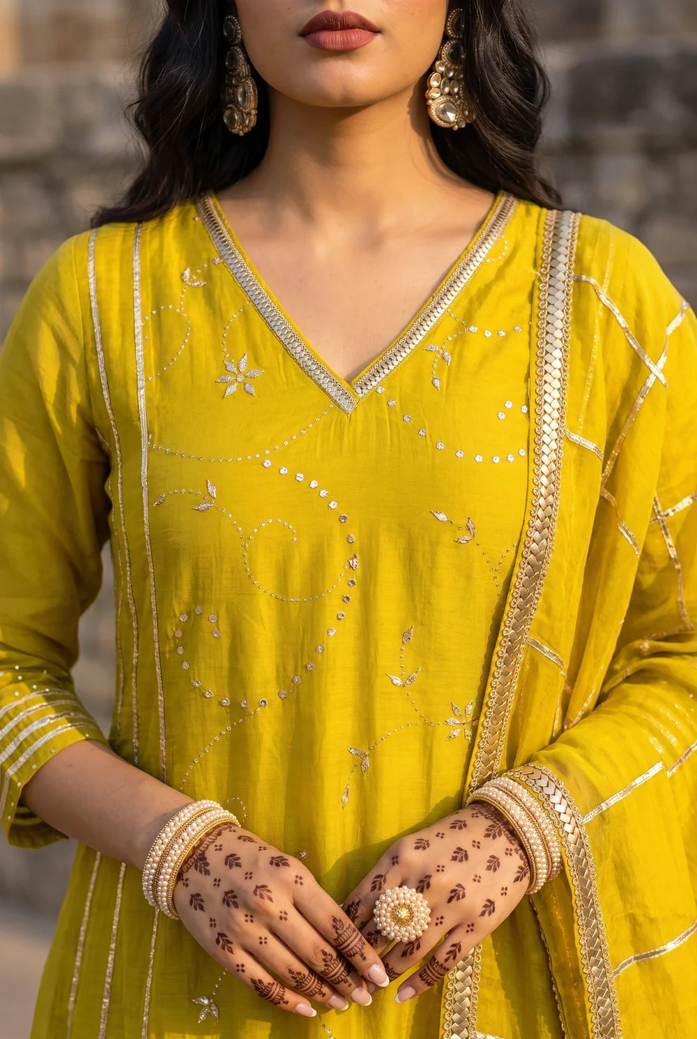 Raha Mul Chanderi Mukaish Anarkali Set in Lime Yellow