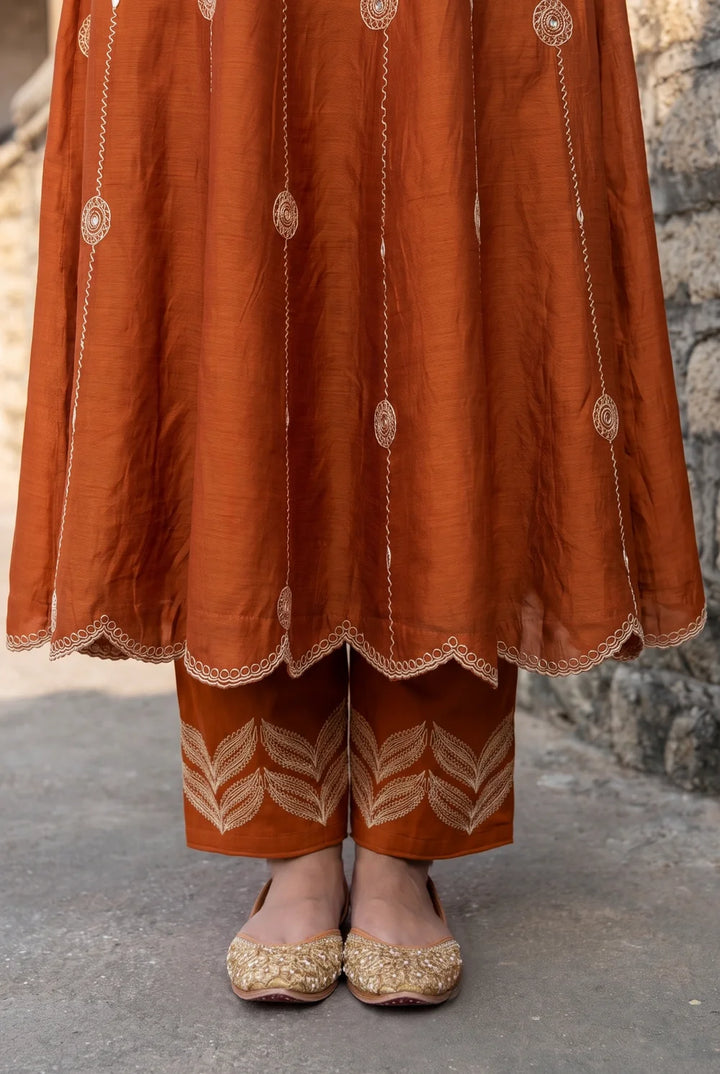 Deewani Silk Chanderi Anarkali Set in Burnt Orange