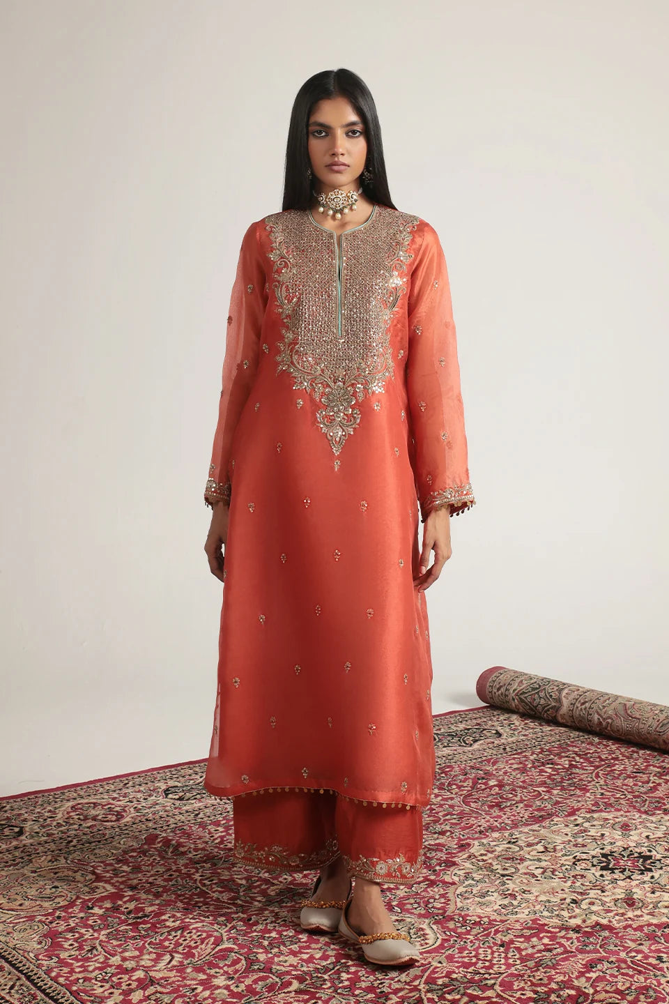 Zar-Rang Orange Long Kurta Set