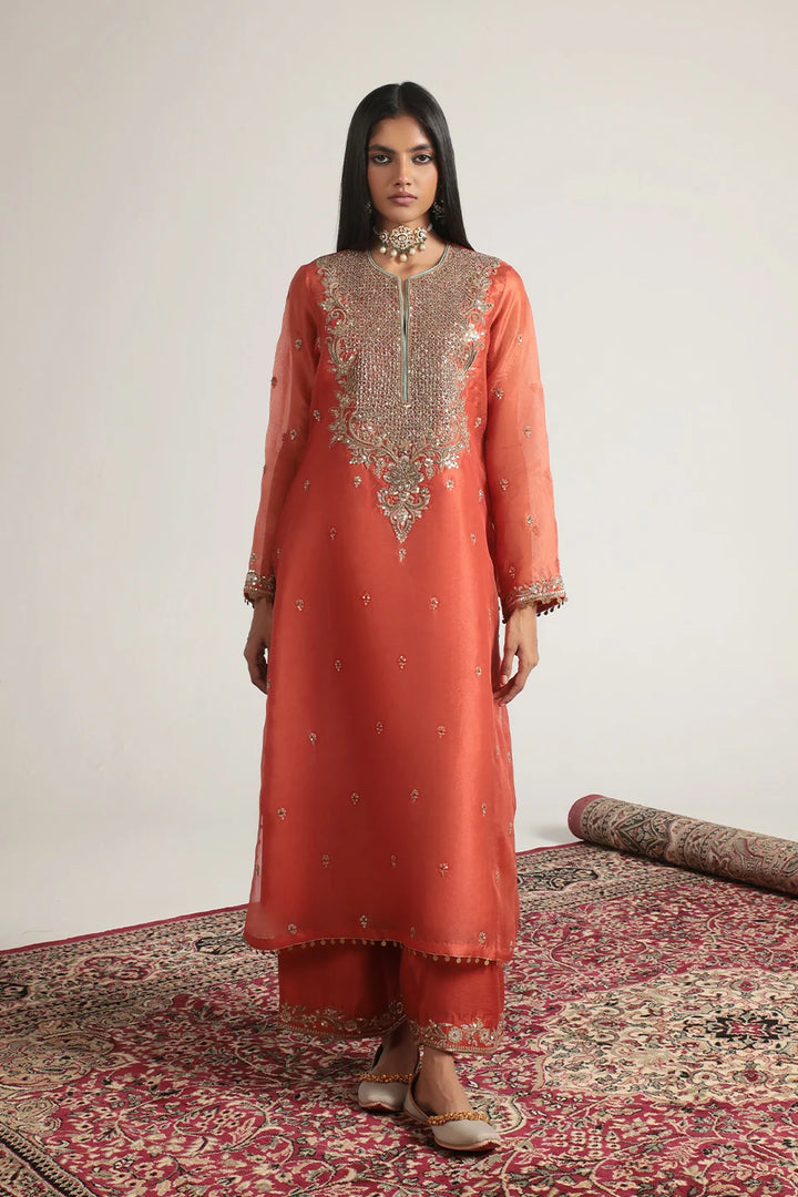 Zar-Rang Orange Long Kurta Set