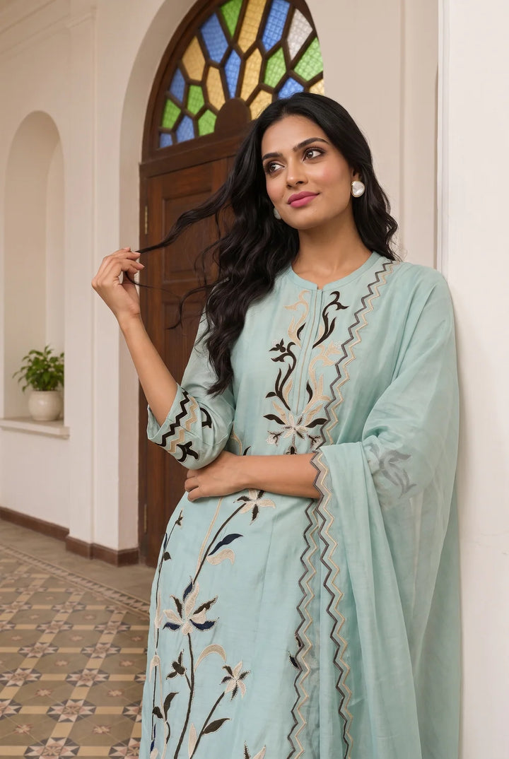 Surkhi Mul Chanderi Kurta Set in Blue Green