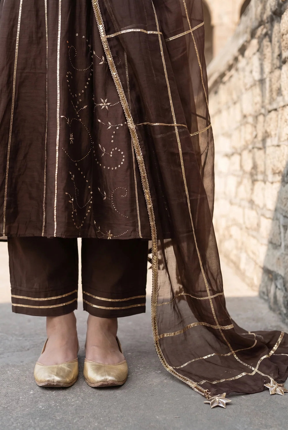 Raha Mul Chanderi Mukaish Anarkali Set in Coffee Brown