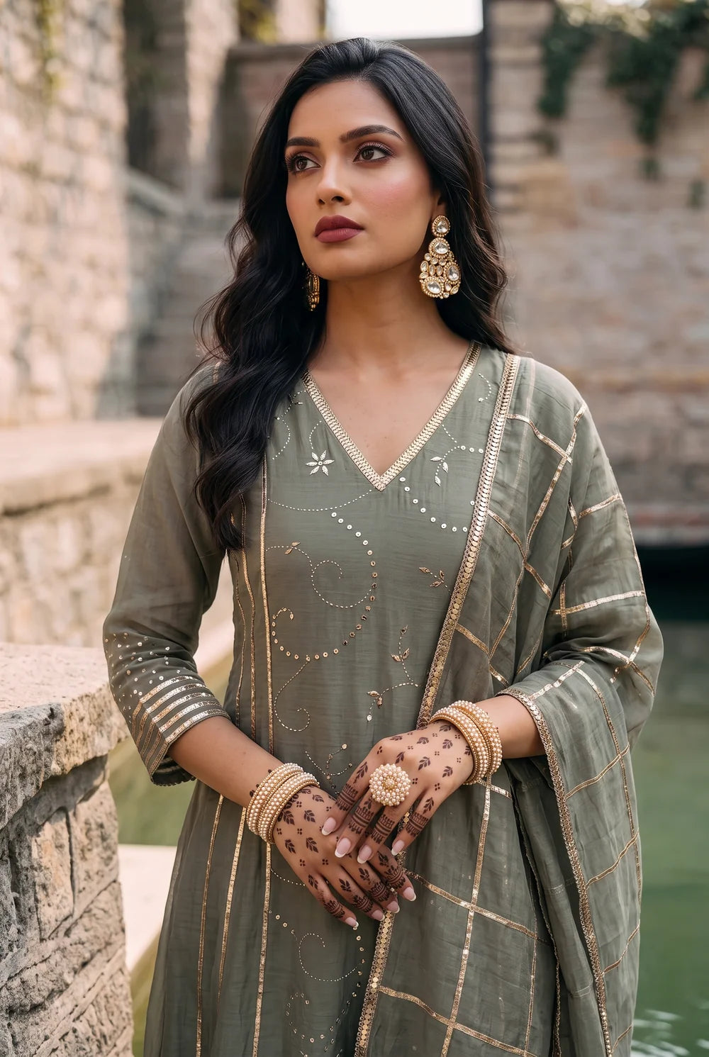 Raha Mul Chanderi Mukaish Anarkali Set in Moss Green