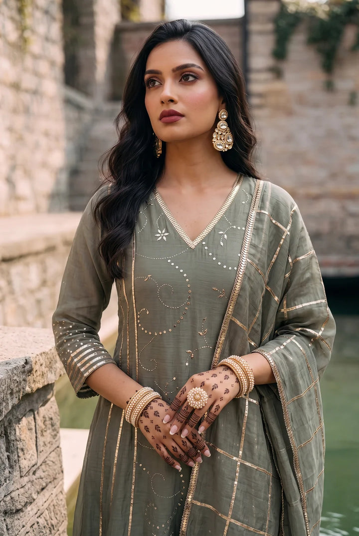 Raha Mul Chanderi Mukaish Anarkali Set in Moss Green