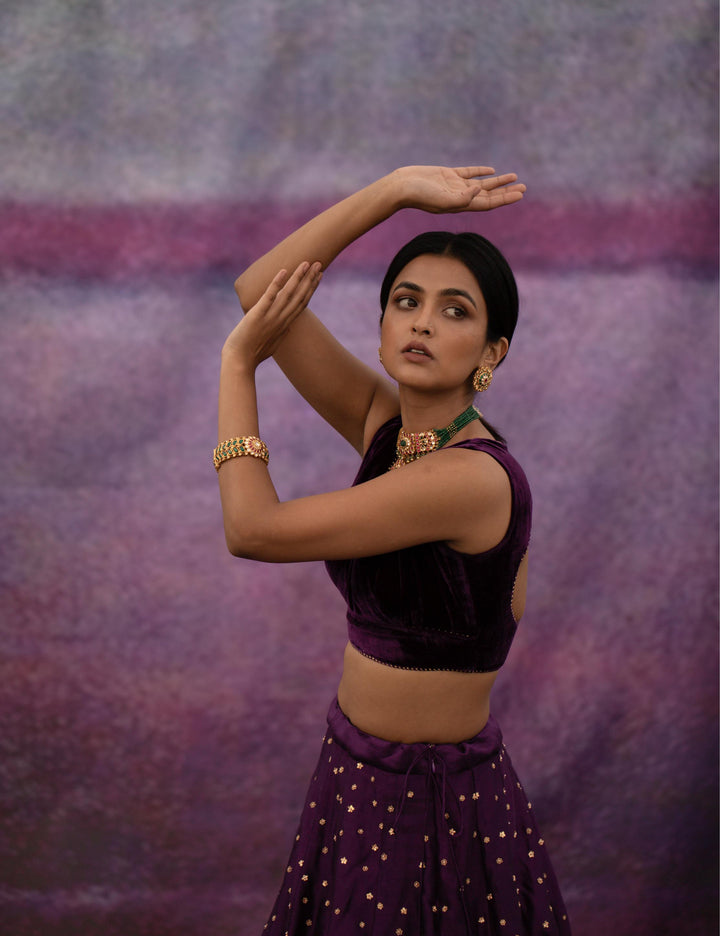 violet all over booti kalli lehenga set
