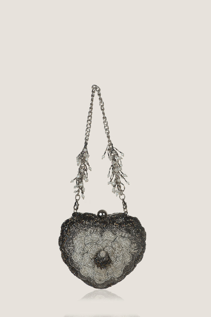 isa beaded heart clutch - silver