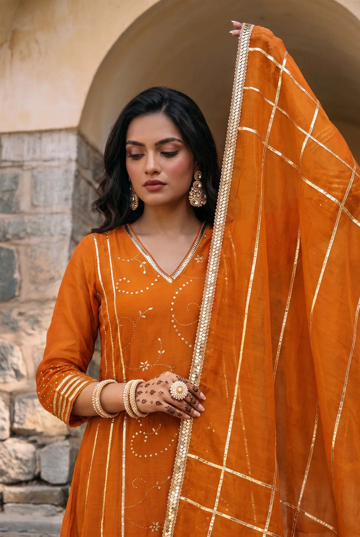 Raha Mul Chanderi Mukaish Anarkali Set in Orange