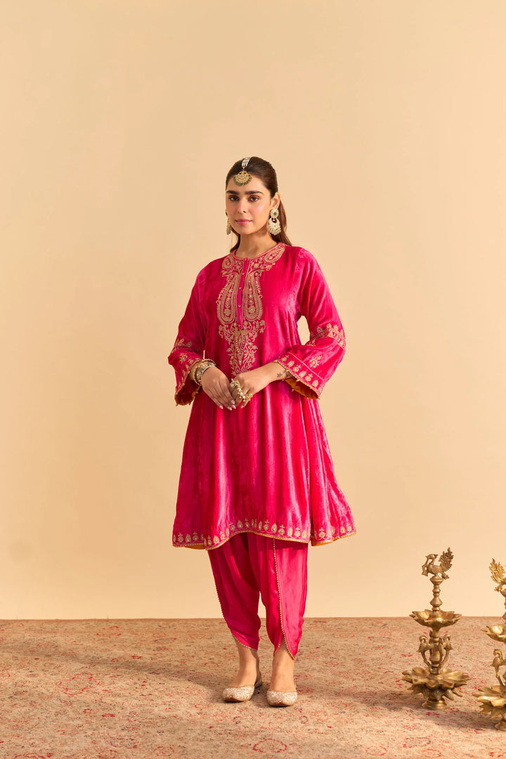 Amal - Velvet Hotpink A-line Kurta With Dhoti