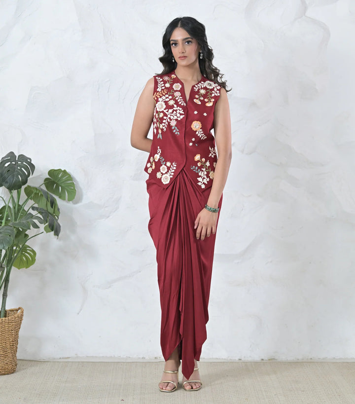 Phool-Patti Vest Coat With Pleated Skirt Set