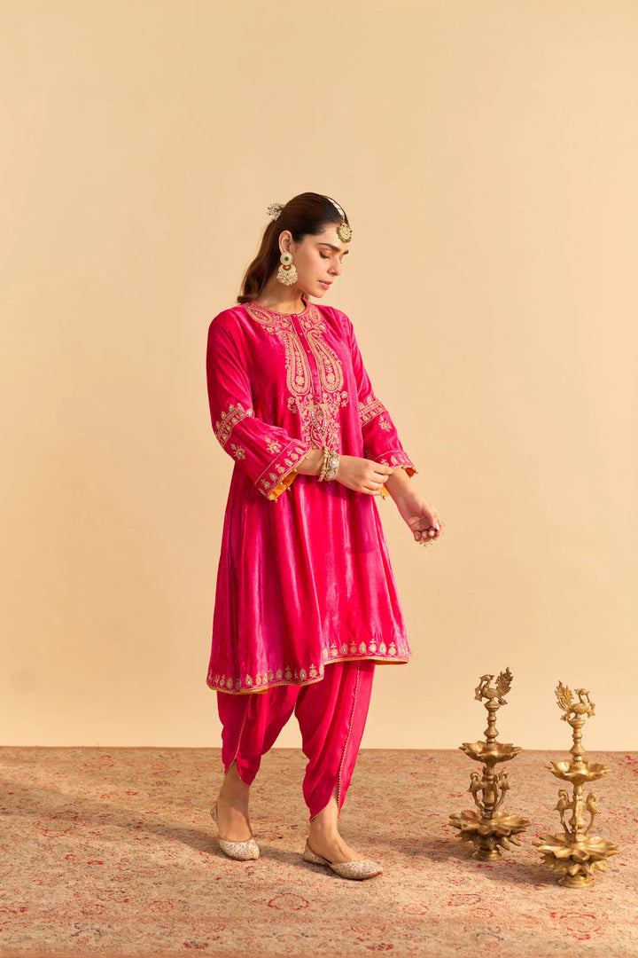 Amal - Velvet Hotpink A-line Kurta With Dhoti