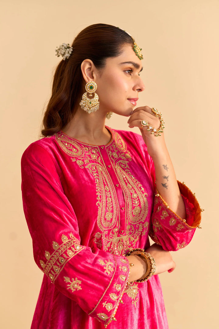 Amal - Velvet Hotpink A-line Kurta With Dhoti