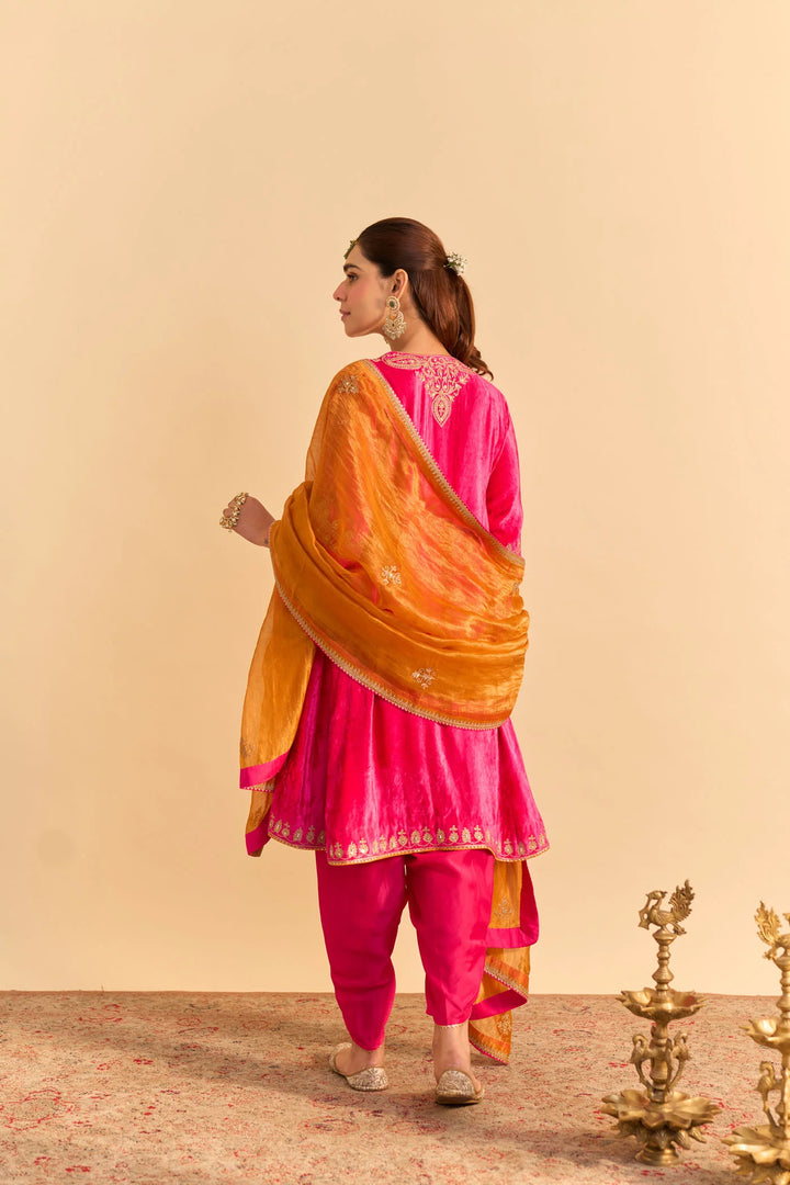 Amal - Velvet Hotpink A-line Kurta With Dhoti